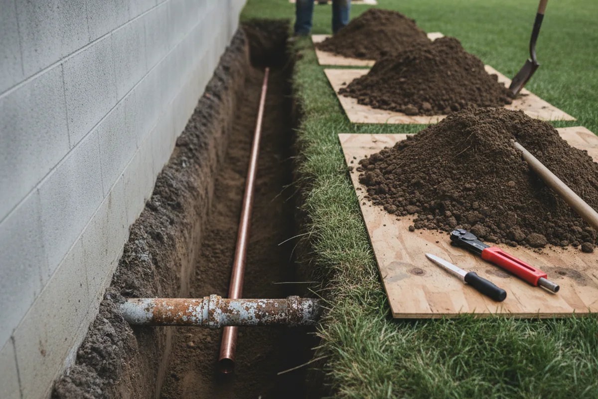 Excavated water line trench during Sewer Line Repair in Blue Jay